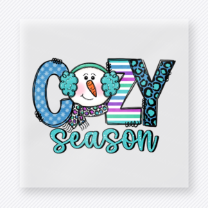 Cozy Season Snowman Christmas DTF transfer featuring Cozy Season lettering with snowman face and winter hat