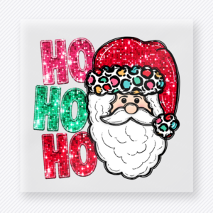 Ho Ho Ho Santa Leopard Hat Christmas DTF transfer featuring Santa face with leopard Santa hat and bold Ho Ho Ho text