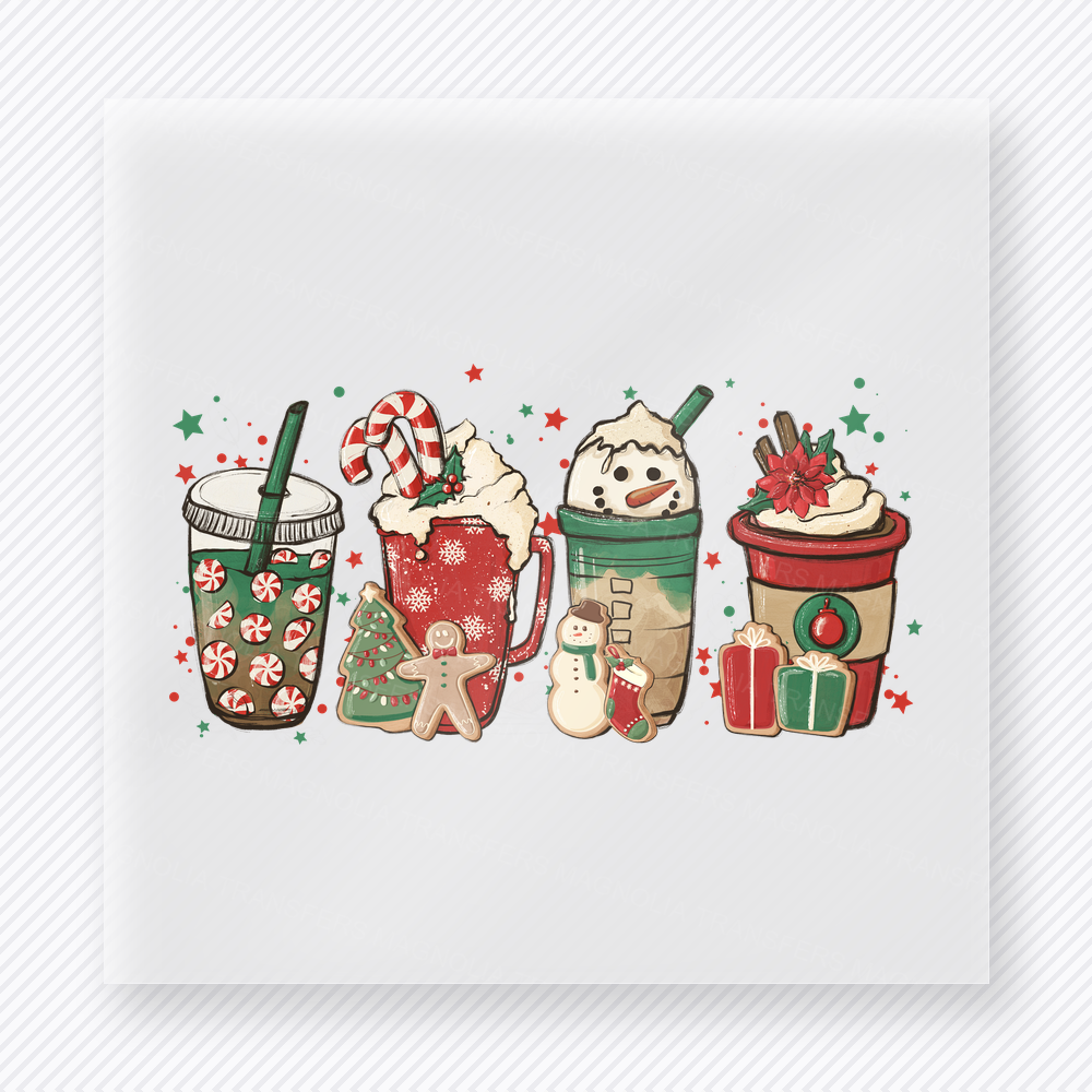 Christmas Treats And Drinks Christmas DTF transfer featuring cute holiday drinks, Santa, snowman, and gift icons