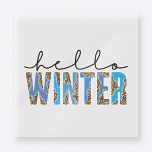 Hello Winter Blue Christmas DTF transfer featuring Hello Winter lettering with blue winter pattern fill