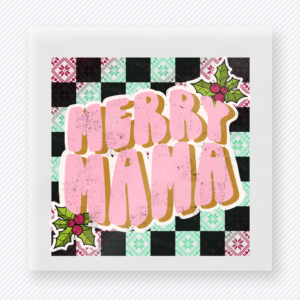 Merry Mini Checkerboard Christmas DTF transfer featuring pink Merry Mini text over green and black checkerboard background
