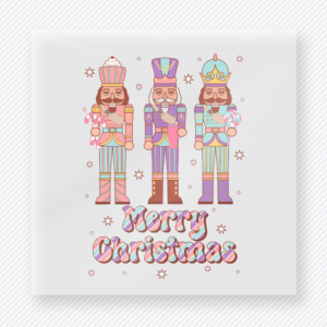 Merry Christmas Nutcrackers Christmas DTF transfer featuring pastel nutcracker trio with Merry Christmas text