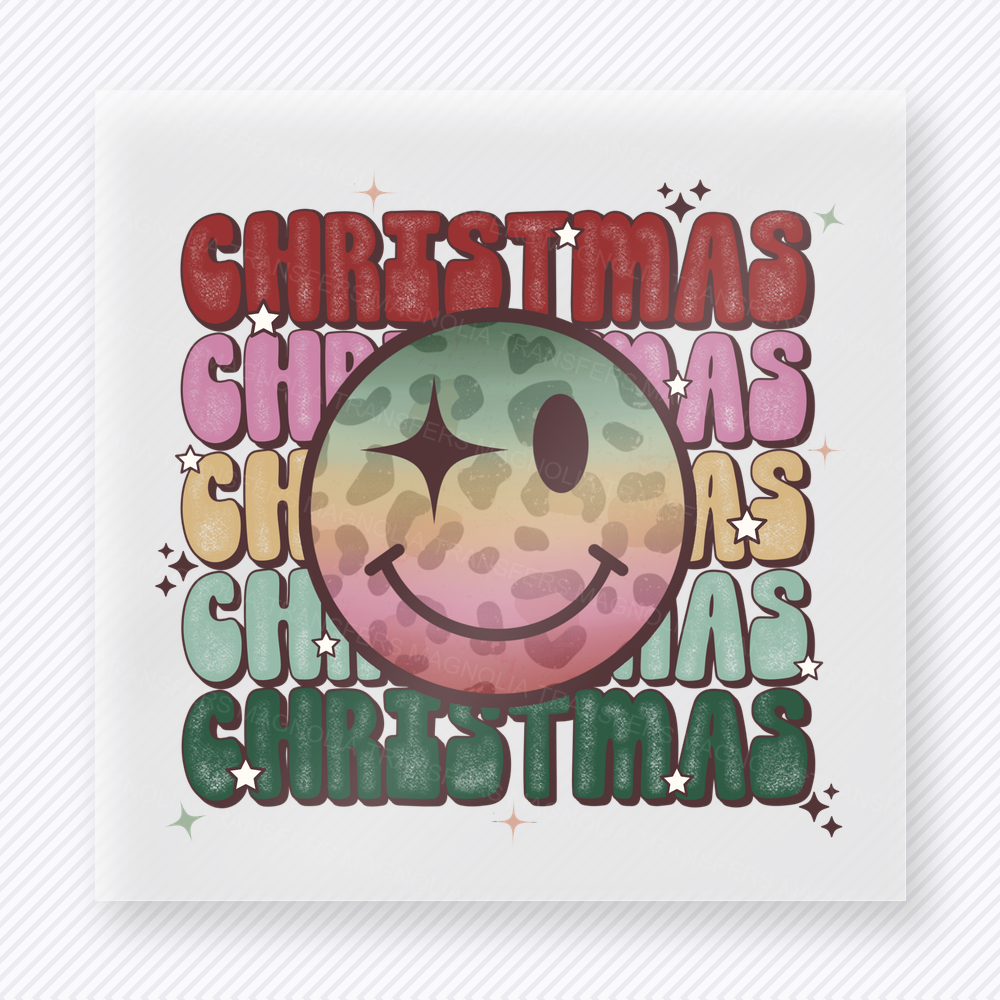 Christmas Smiley Stack Christmas DTF transfer featuring stacked Christmas lettering with a retro smiley face and vintage holiday colors
