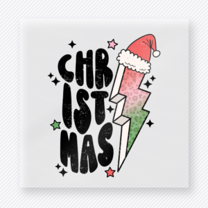 Black Christ Mas Lightning Christmas DTF transfer featuring a black Christ mas lightning bolt design with Santa hat and festive stars