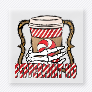Peppermint Christmas Coffee Christmas DTF transfer featuring a peppermint coffee cup design with candy cane stripes and Christmas lettering