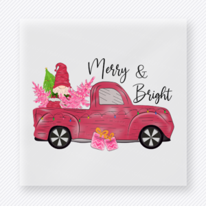 Merry And Bright Pink Truck Christmas DTF transfer featuring a pink Christmas truck design with merry and bright lettering