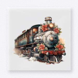 Christmas Train Christmas DTF transfer featuring a vintage holiday train decorated with greenery and Christmas flowers