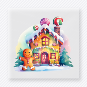 Gingerbread House Christmas DTF transfer featuring a colorful gingerbread house scene with candy, snow, and holiday charm