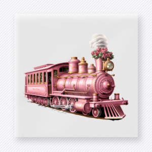 Pink Christmas Train Christmas DTF transfer featuring a pink Christmas train decorated with holiday greenery and smoke