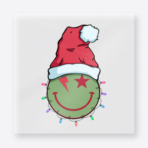 Green Santa Hat Smiley Lights Christmas DTF transfer featuring a green smiley face wearing a Santa hat with Christmas lights