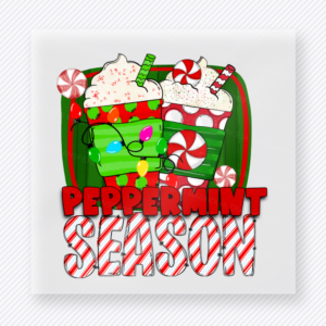 Peppermint Season Christmas DTF transfer featuring a green mug filled with peppermint cocoa and peppermint season lettering