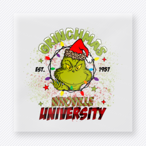 Grinchmas University Christmas DTF transfer with collegiate holiday mascot design