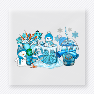 Blue Winter Character Drinks Christmas DTF transfer with snowmen and icy drinks