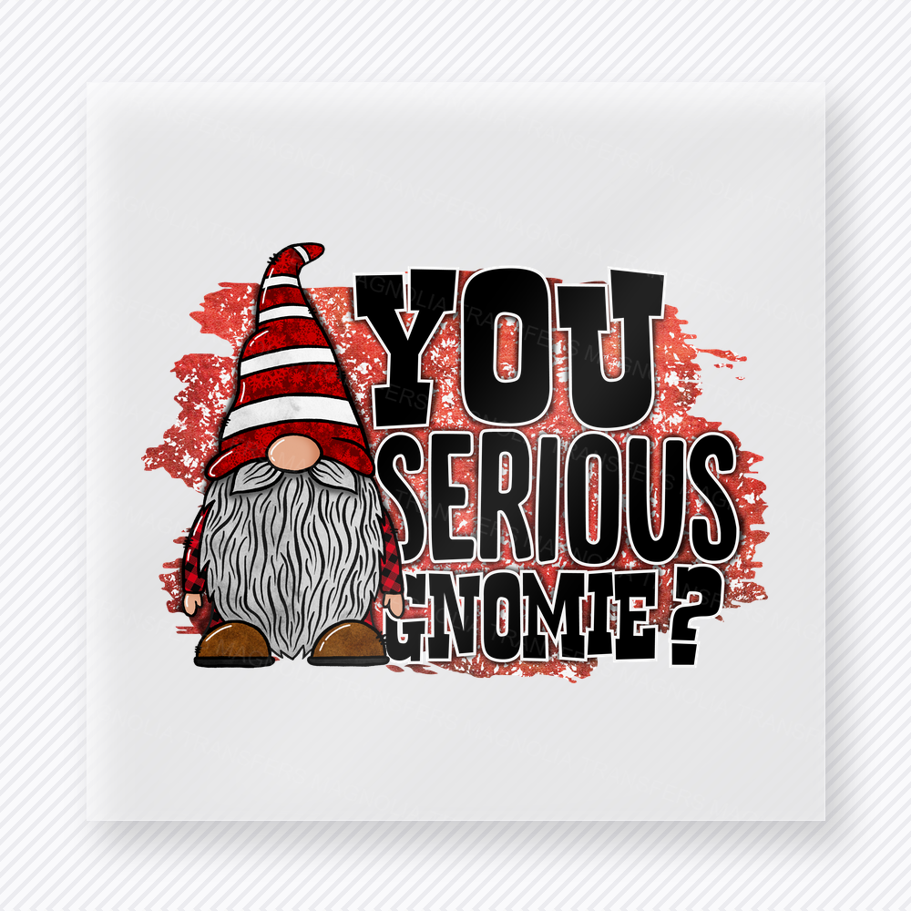 You Serious Gnome Christmas DTF transfer with festive gnome character