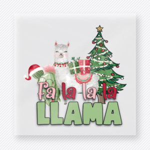Fa La La Llama Christmas DTF transfer with festive llama, presents, and tree