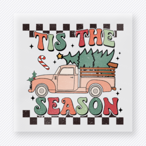 Tis the Season Christmas DTF transfer with pink vintage truck, trees, and checker accents