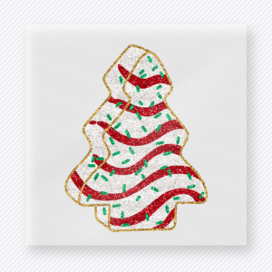 Ribbon Christmas Tree Christmas DTF transfer with a ribbon-style Christmas tree with red and green stripe details and gold glitter-look accents