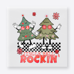 Jingle Bell Rockin Trees Red Christmas DTF transfer with Jingle Bell Rockin lettering with two dancing Christmas trees, checker accents, red flowers, and peace-sign details