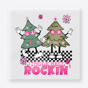 Jingle Bell Rockin Trees Pink Christmas DTF transfer with Jingle Bell Rockin lettering with two dancing Christmas trees, checker accents, pink flowers, and peace-sign details