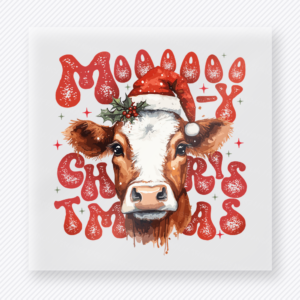 Mooey Christmas Cow Christmas DTF transfer with Mooey Christmas lettering with a cow wearing a Santa hat, greenery, and red-orange festive lettering
