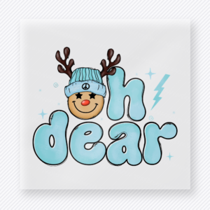 Oh Dear Blue Reindeer Christmas DTF transfer with Oh Dear lettering with a smiling reindeer in a blue winter hat and antlers