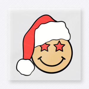 Santa Hat Star Smiley Christmas DTF transfer with a simple smiley face wearing a Santa hat with red star eyes