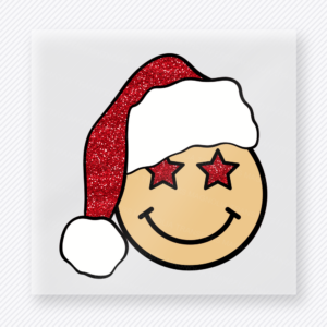 Glitter Santa Hat Star Smiley Christmas DTF transfer with a smiley face wearing a glitter-look Santa hat with red star eyes