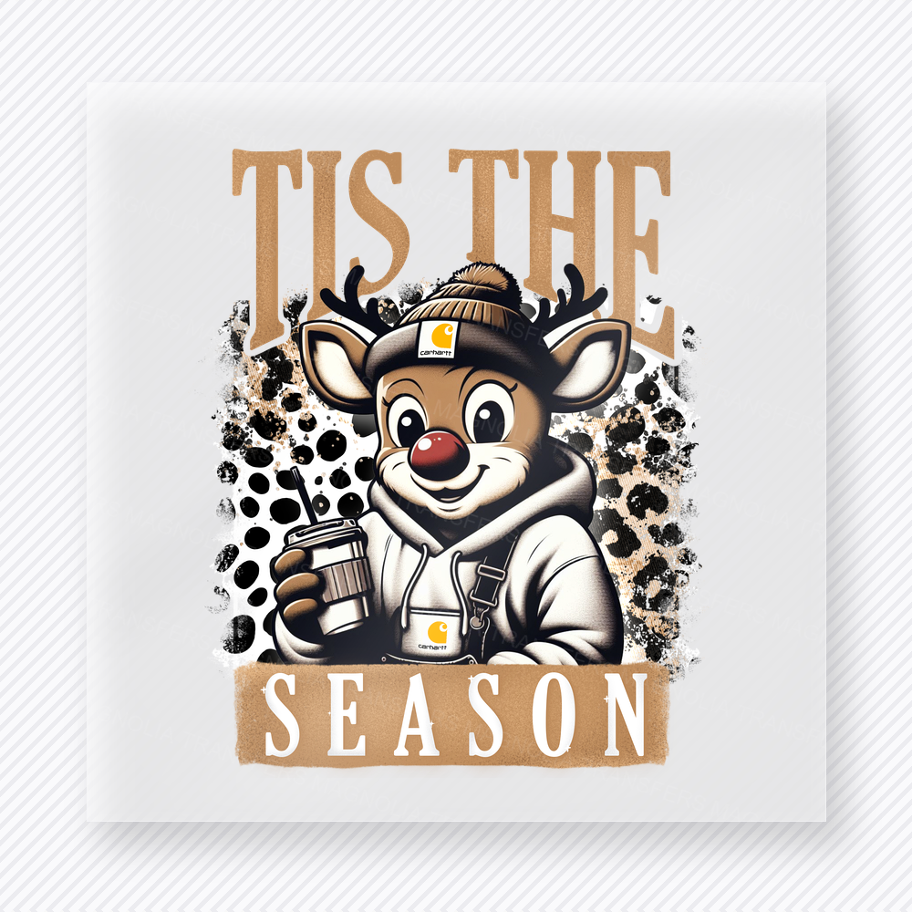 Tis the Season Reindeer Hoodie Christmas DTF transfer with Tis the Season lettering with a smiling reindeer in a hoodie, leopard and cowhide accents, and tan western-style text blocks