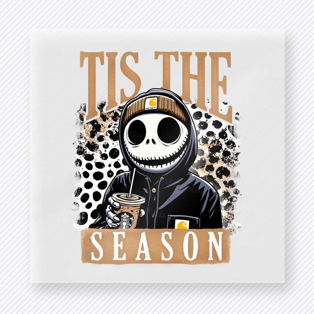 Tis the Season Skeleton Black Hoodie Cowhide Christmas DTF transfer with Tis the Season lettering with a skeleton character in a black hoodie holding an iced drink on a cowhide background