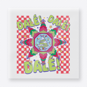 Dale Dale Dale Grinch Christmas DTF transfer with Dale Dale Dale lettering with a green character-inspired face in a colorful Mexican blanket-style frame and pink checker background