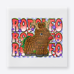 Rodeo Rodeo Rodeo Donkey Pinata Christmas DTF transfer with Rodeo Rodeo Rodeo lettering with a donkey pinata, bright pink background, and western fiesta colors