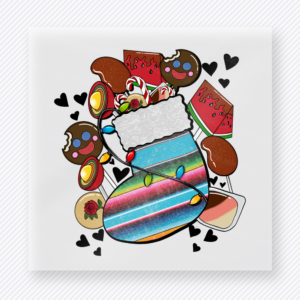 Fiesta Stocking Cookies Christmas DTF transfer with a colorful striped Christmas stocking filled with cookies, gingerbread, candy, and heart accents