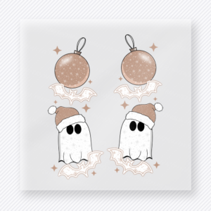 Ghost Christmas Ornaments Christmas DTF transfer with two cute ghost ornaments with beige winter hats, bows, sparkle accents, and soft neutral color