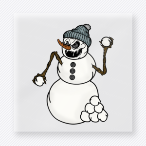 Sketch Snowman Snowballs Christmas DTF transfer with a black and white snowman in a winter hat holding snowballs with sketch-style line art