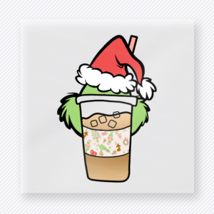 Santa Hat Christmas Coffee Christmas DTF transfer with a holiday iced coffee cup topped with a Santa hat, green character-inspired hair, and festive confetti pattern