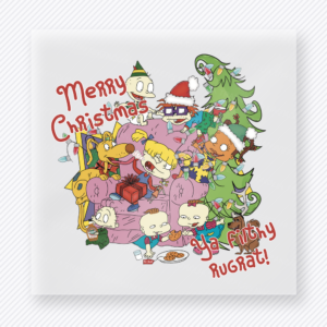 Merry Christmas Ya Filthy Rugrat Christmas DTF transfer with Merry Christmas Ya Filthy Rugrat lettering with a colorful cartoon baby and holiday character-inspired group scene