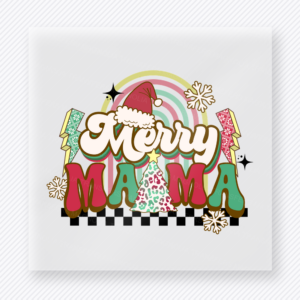 Merry Mama Patchwork Christmas DTF transfer with Merry Mama lettering with patchwork Christmas tree, Santa hat, checker accents, and colorful holiday details