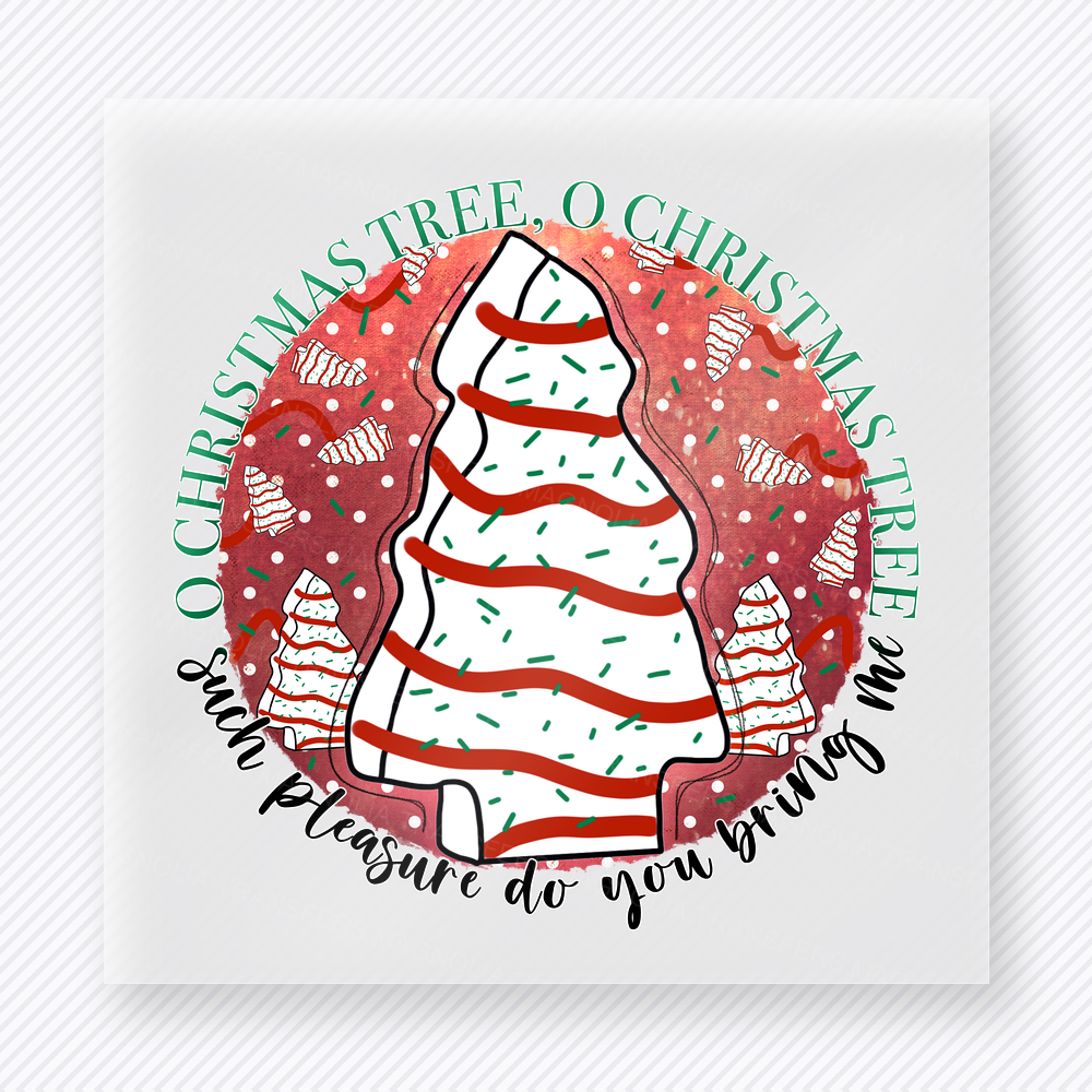 Christmas Tree O Christmas Tree Christmas DTF transfer with O Christmas Tree circular lettering with a frosted sugar cookie-style Christmas tree on a red winter background