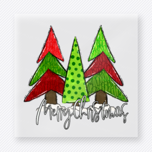 Merry Christmas Tree Trio Christmas DTF transfer with three hand-drawn Christmas trees in red and green with Merry Christmas script
