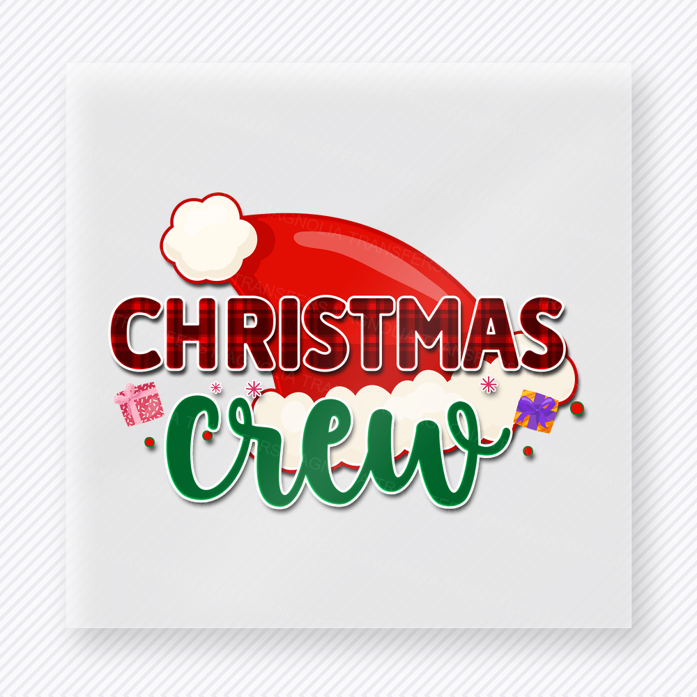 Christmas Crew Lights Christmas DTF transfer with Christmas Crew lettering with a Santa hat, plaid letters, and colorful Christmas lights