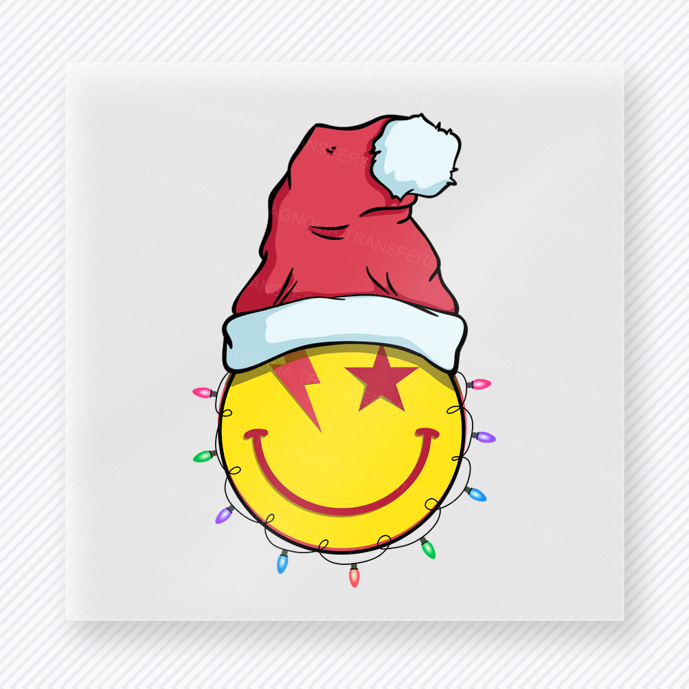 Smiley Santa Hat Lights Christmas DTF transfer with a yellow smiley face wearing a Santa hat with star eyes and Christmas lights