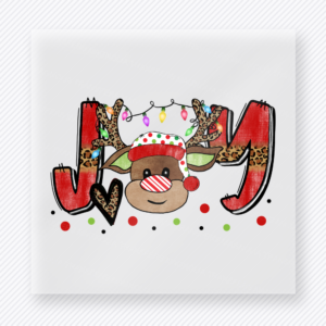 Ho Ho Ho Reindeer Lights Christmas DTF transfer with Ho Ho Ho lettering with a reindeer, Christmas lights, Santa hats, and leopard-print accents