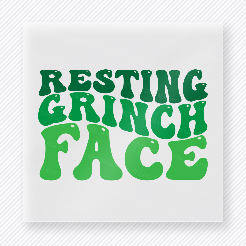 Resting Grinch Face Christmas DTF transfer with Resting Grinch Face lettering in bold green retro typography