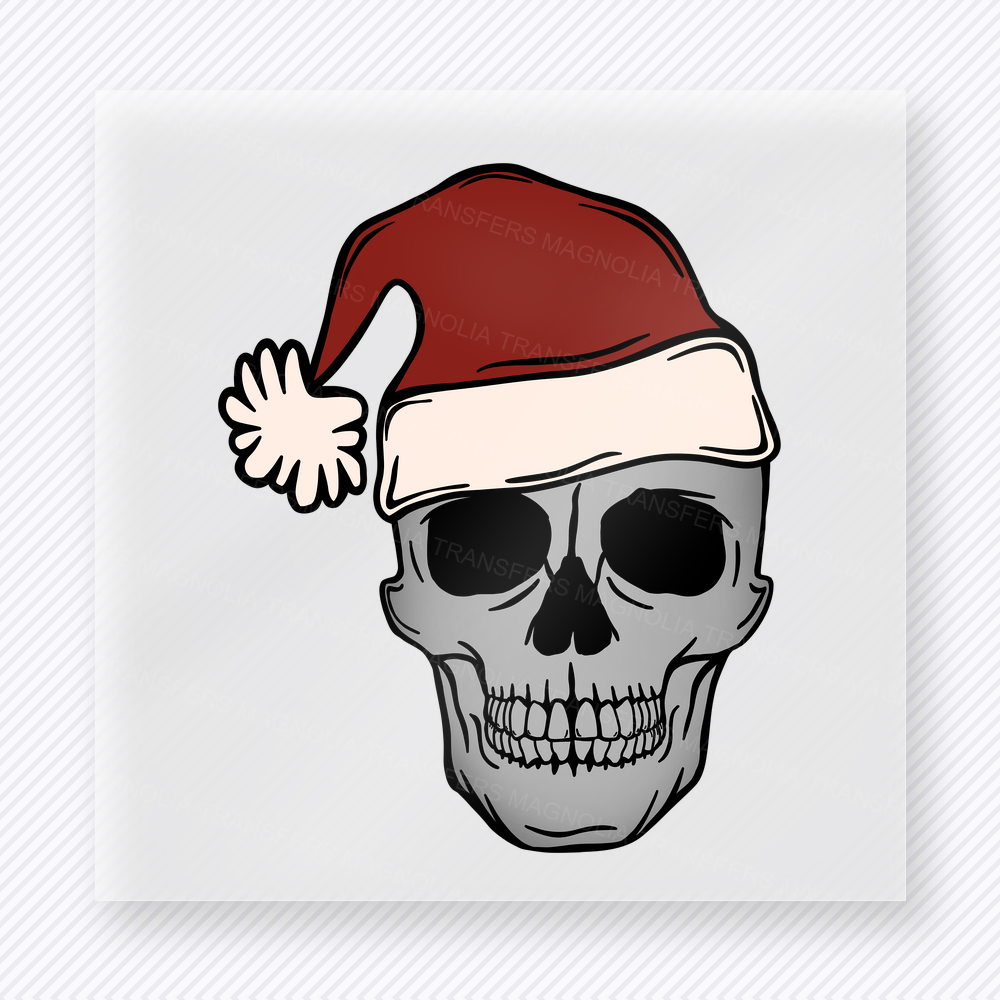 Santa Hat Skull Christmas DTF transfer with a skull wearing sunglasses and a red Santa hat in bold clean line art