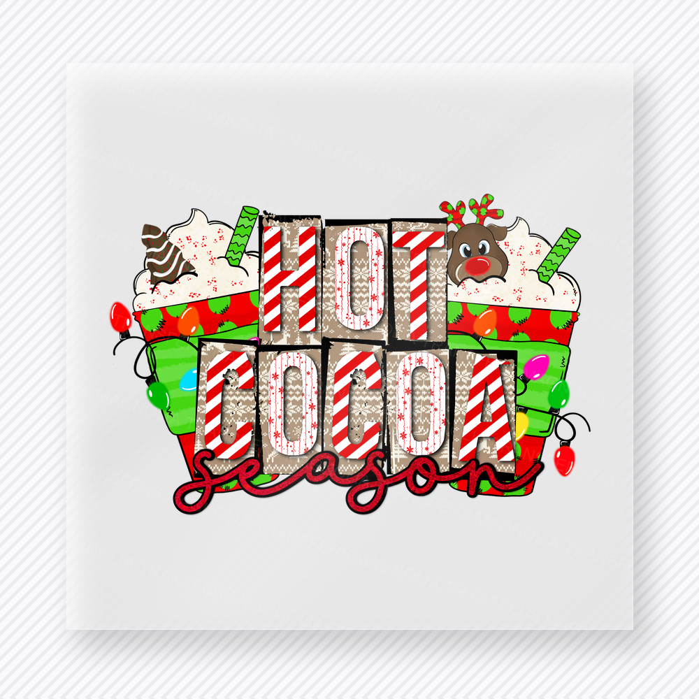 Ho Ho Ho Season Patchwork Christmas DTF transfer with Ho Ho Ho Season lettering with patchwork holiday letters, Santa hat, gift, cow, and Christmas accents