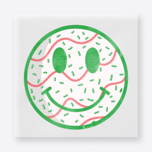 Christmas Sprinkle Smiley Christmas DTF transfer with a green and pink sprinkle smiley face with holiday icing-style details