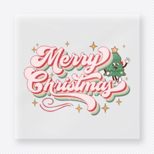 Merry Christmas Retro Tree Christmas DTF transfer with Merry Christmas script lettering with a green Christmas tree and soft pink retro swoosh accents