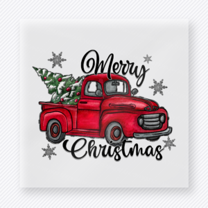 Merry Christmas Red Truck Christmas DTF transfer with Merry Christmas lettering with a red vintage truck, Christmas tree, snowflakes, and gray winter accents