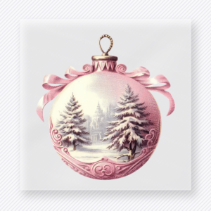 Pink Winter Ornament Christmas DTF transfer with a pink ornament with snowy trees, ribbon bow, and soft winter landscape artwork