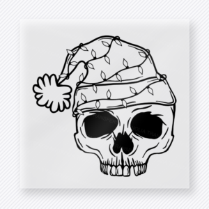 Santa Hat Skull Line Art Christmas DTF transfer with a black line-art skull wearing a Santa hat and sunglasses